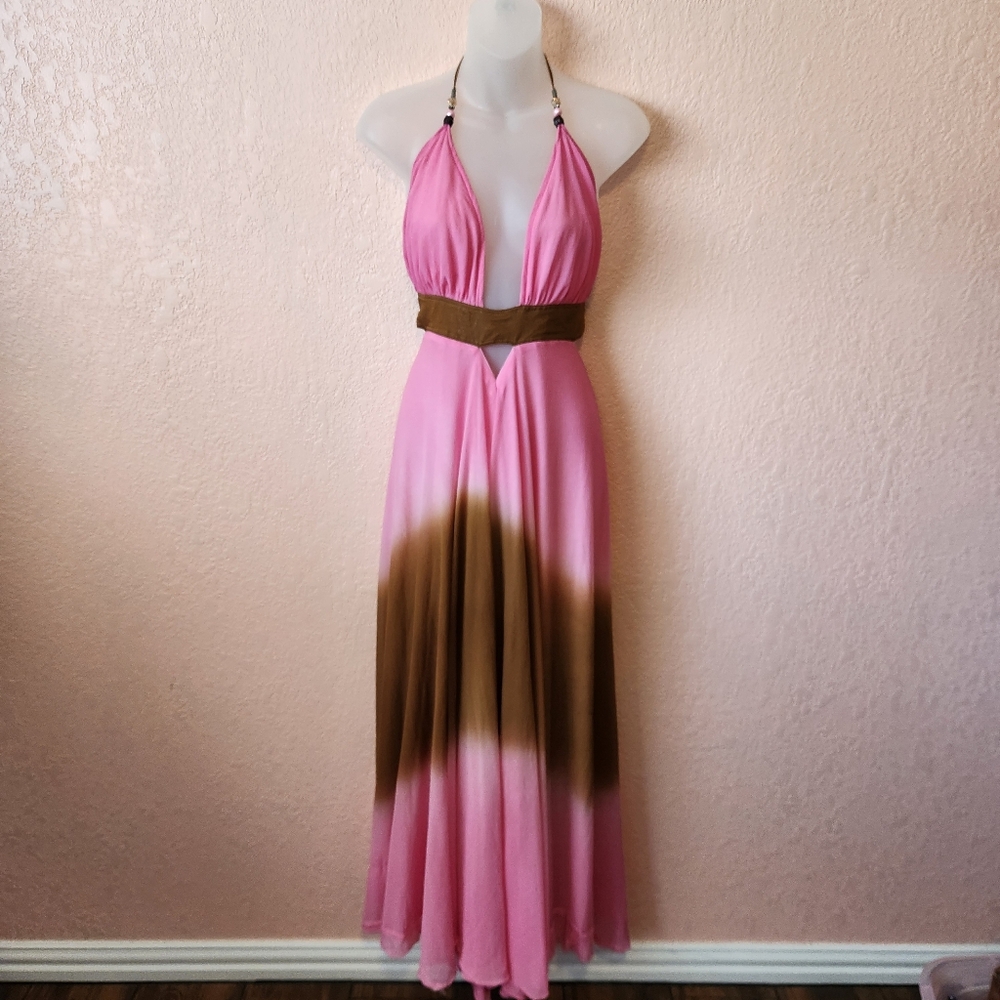 Rich Girl on Vacation Backless Pink Brown Flowy V Neck Halter Maxi Dress